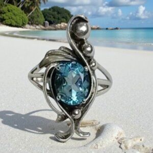 ARTISAN GENUINE SWISS BLUE TOPAZ Seagull Ring Size 9 Sterling Silver.